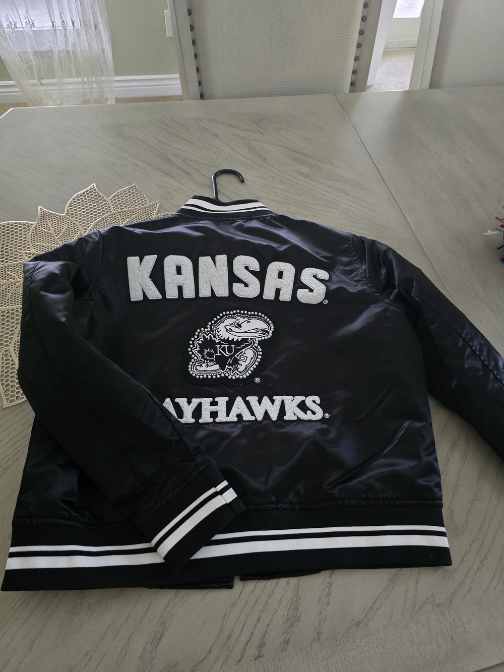 Women's Black Jayhawks Satin Bomber Jacket - University Logo - Picture 2 of 4